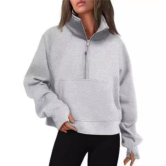 Damen sportlicher Pullover mit halbem Reißverschluss und Kängurutasche Stalluxe