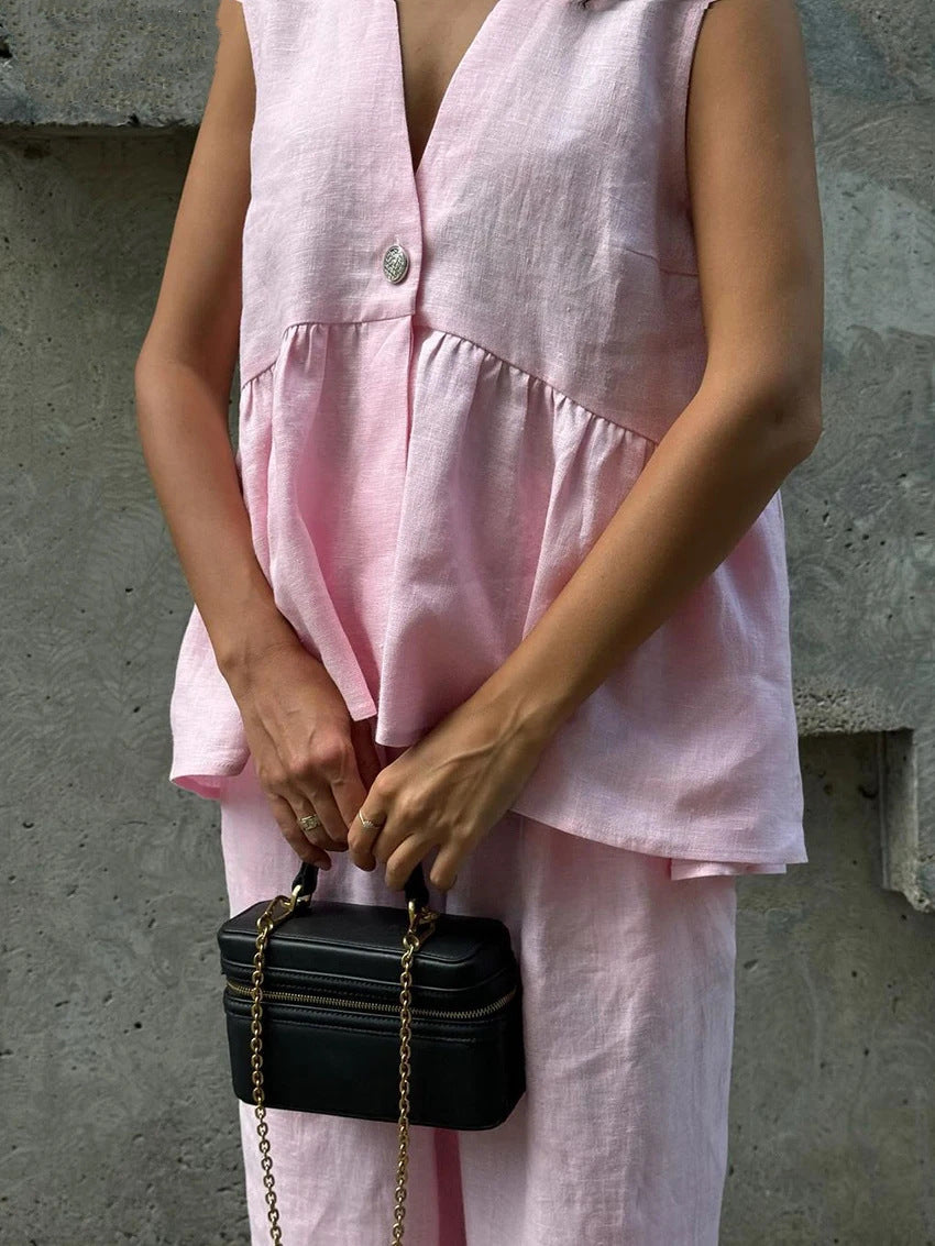 Damen luftige Leinenbluse und weite Hose Stalluxe
