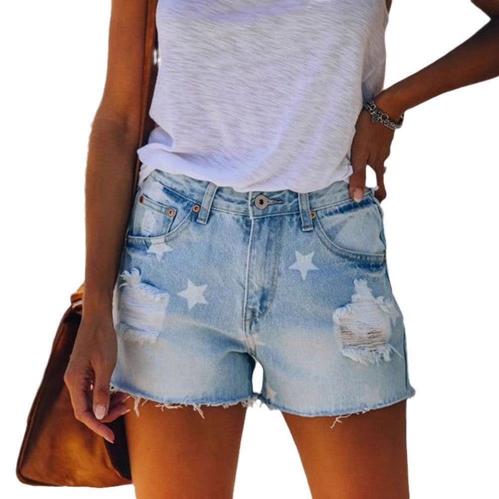Damen Jeansshorts mit modischem Sternenprint und fransigem Saum Stalluxe