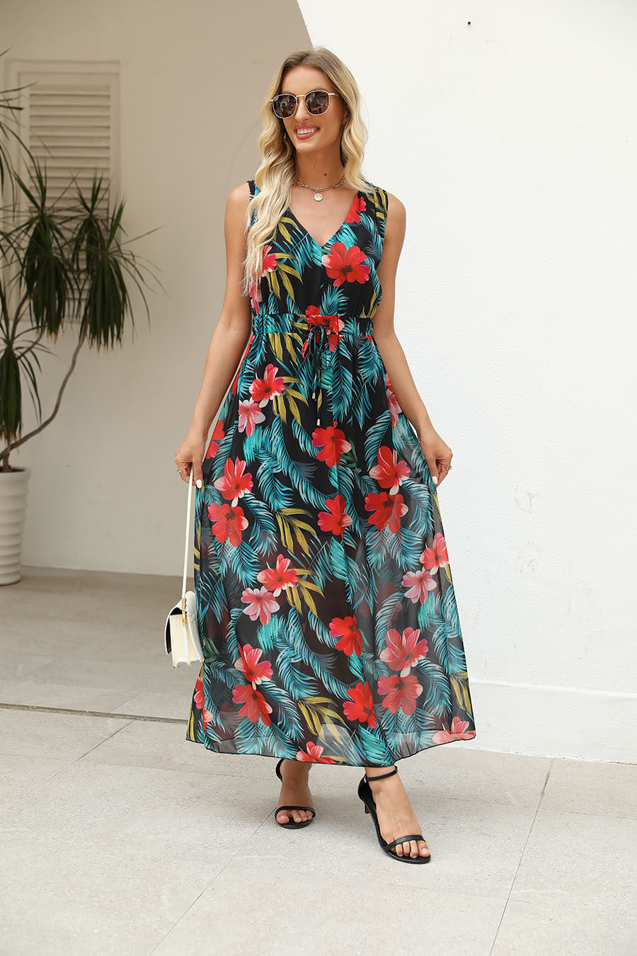 Damen Maxi-Kleid mit floralem Muster und elastischem Taillenband Stalluxe