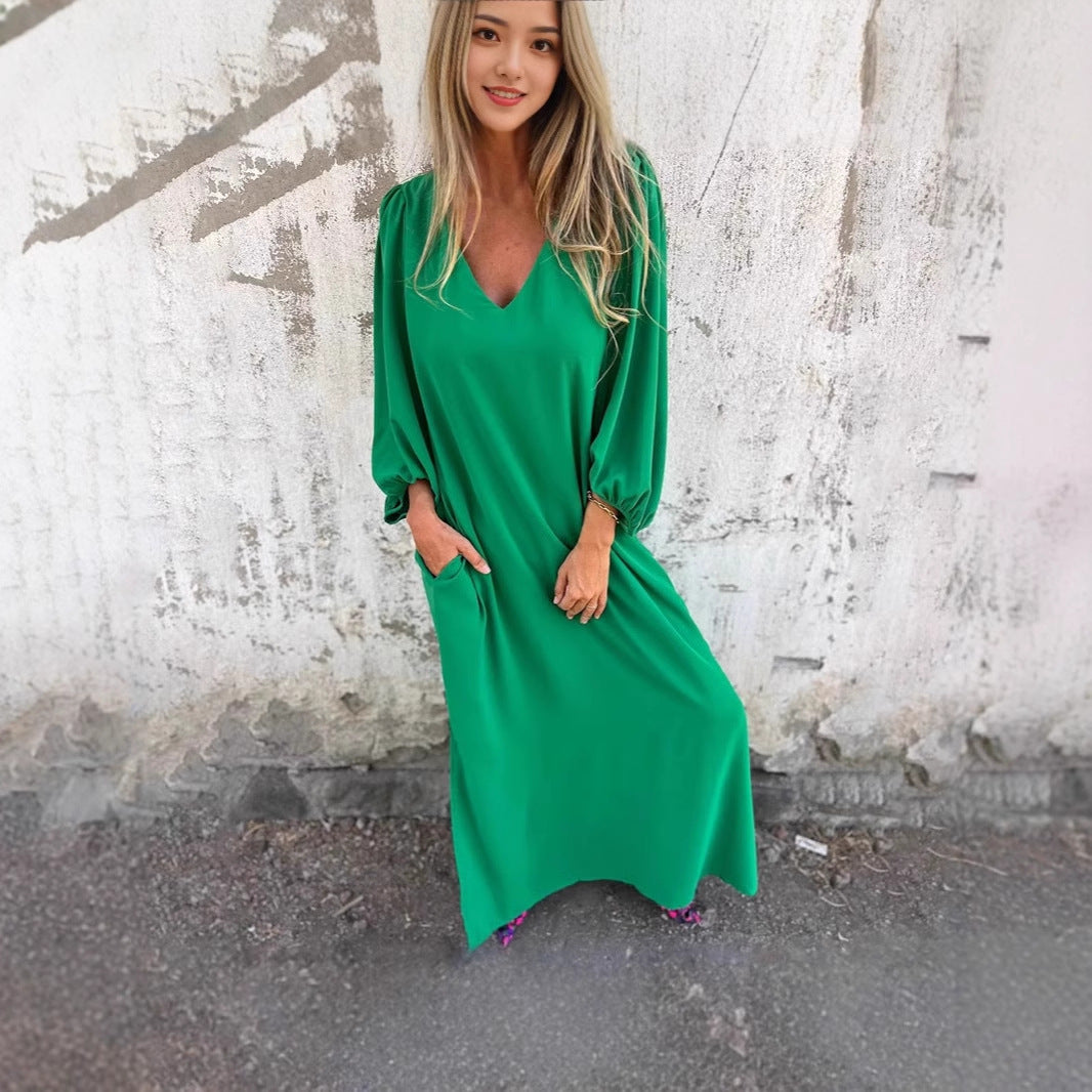 Damen Elegantes V- Ausschnitt Midikleid mit voluminösen Ärmeln Stalluxe
