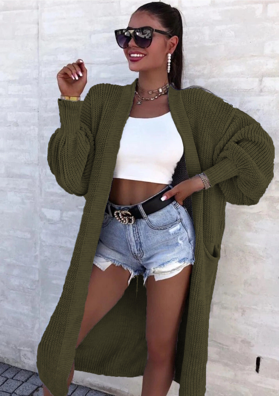 Damen Langer Strickcardigan mit weiten Ärmeln und praktischen Taschen Stalluxe