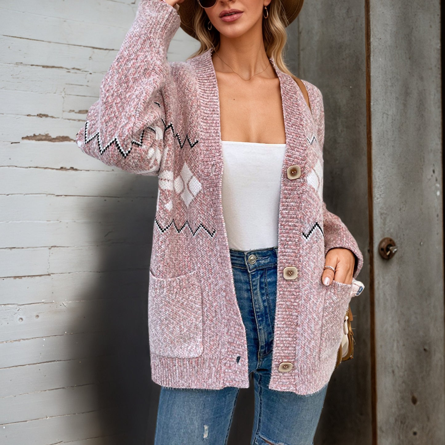 Damen Großer Strickcardigan mit zeitgemäßem Zick-Zack-Muster und praktischen Taschen Stalluxe