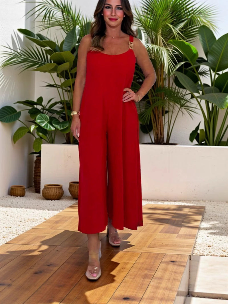 Damen legerer Jumpsuit mit weitem Bein und schmalen Trägern Stalluxe
