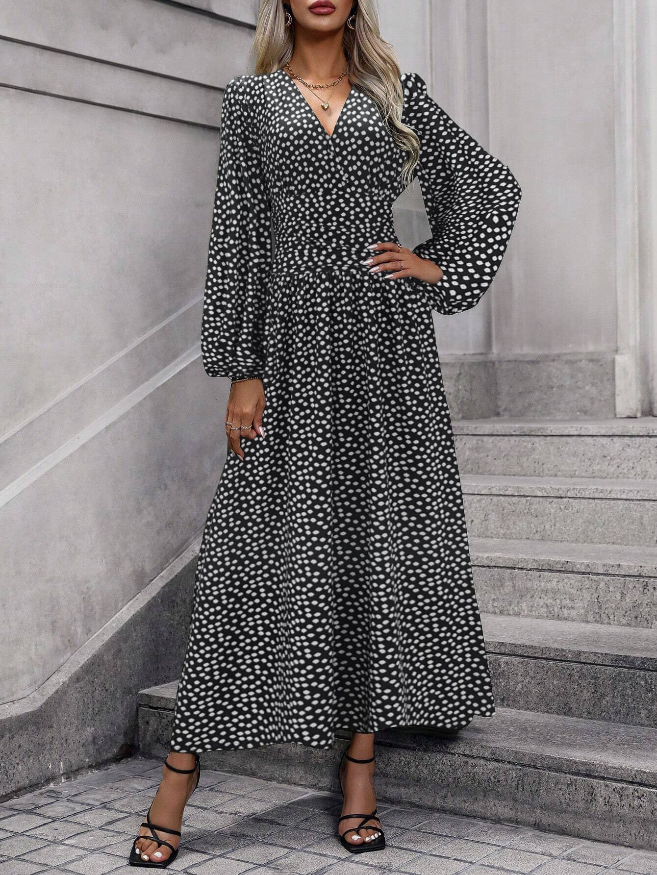 Damen elegantes Maxikleid mit V-Ausschnitt und voluminösen Puffärmeln Stalluxe