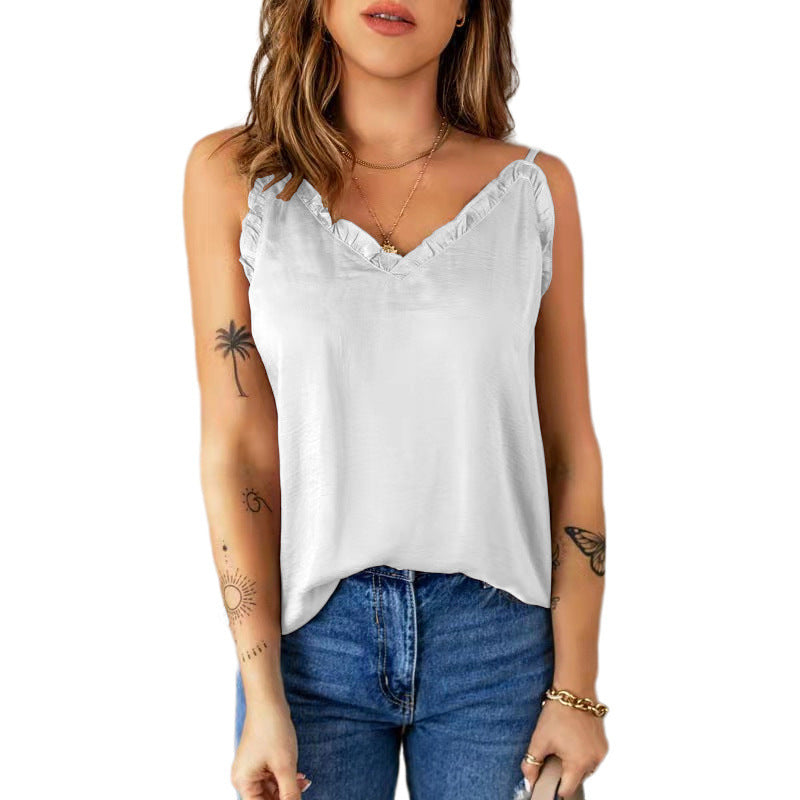 Damen lässiges Spaghetti-Top mit Rüschendetails und V-Ausschnitt Stalluxe
