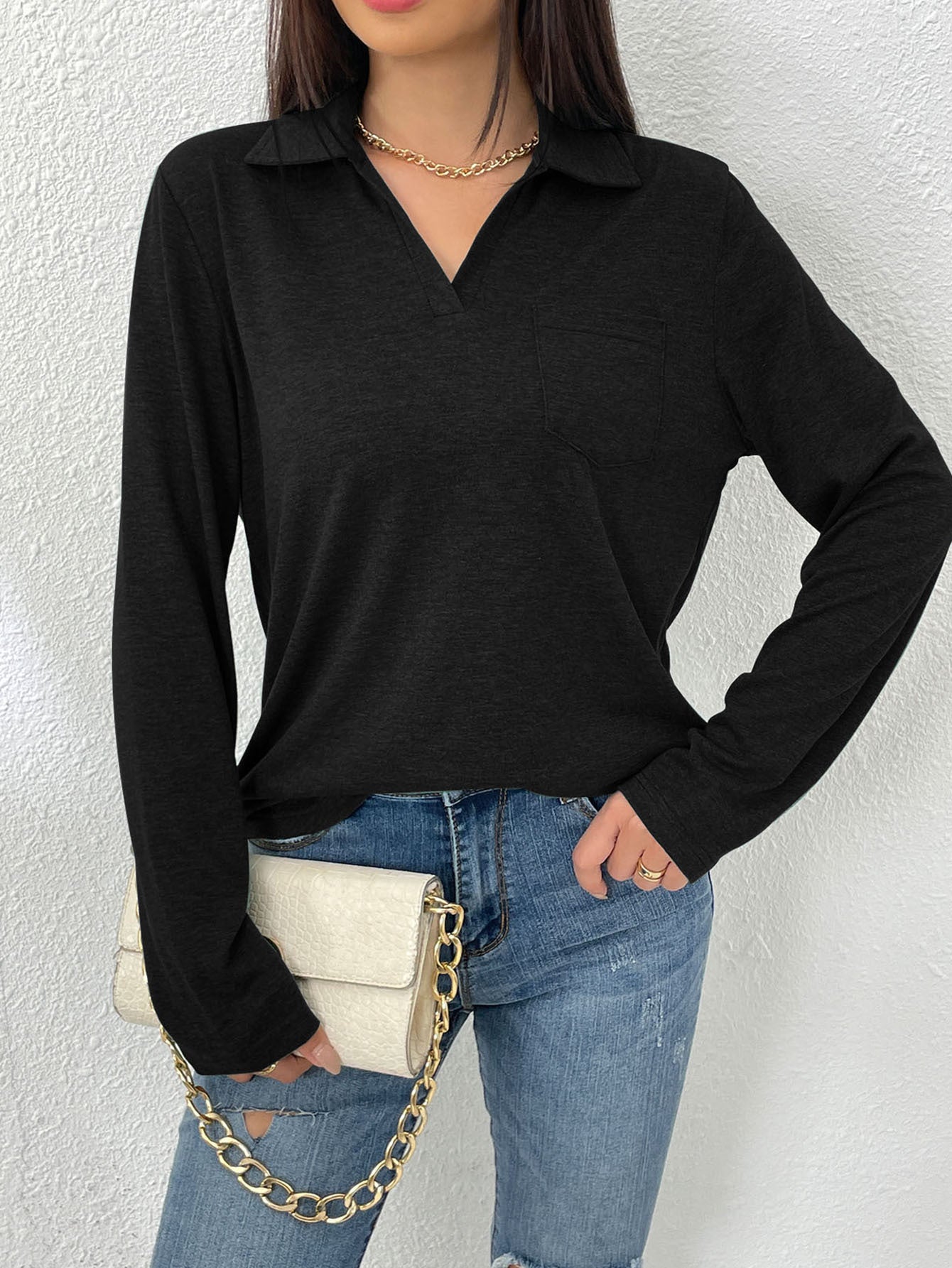 Damen Langarmbluse mit modernem Kragen und Brusttasche Stalluxe