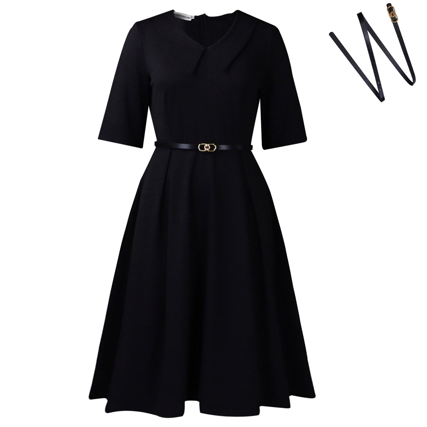 Damen Elegantes Skaterkleid mit Kragen und Taillengürtel Stalluxe