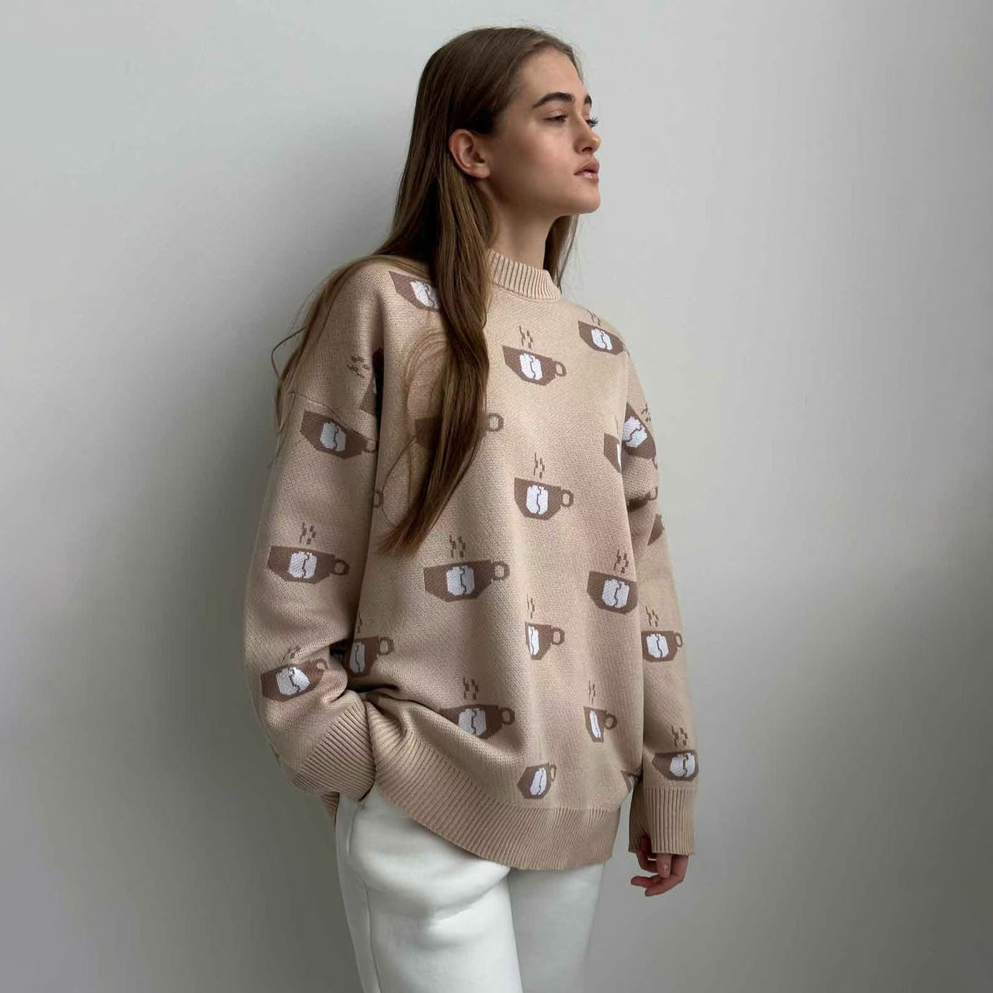 Damen Gemusterter Strickpullover mit Kaffeetassen-Motiv und angenehmem Sitz Stalluxe