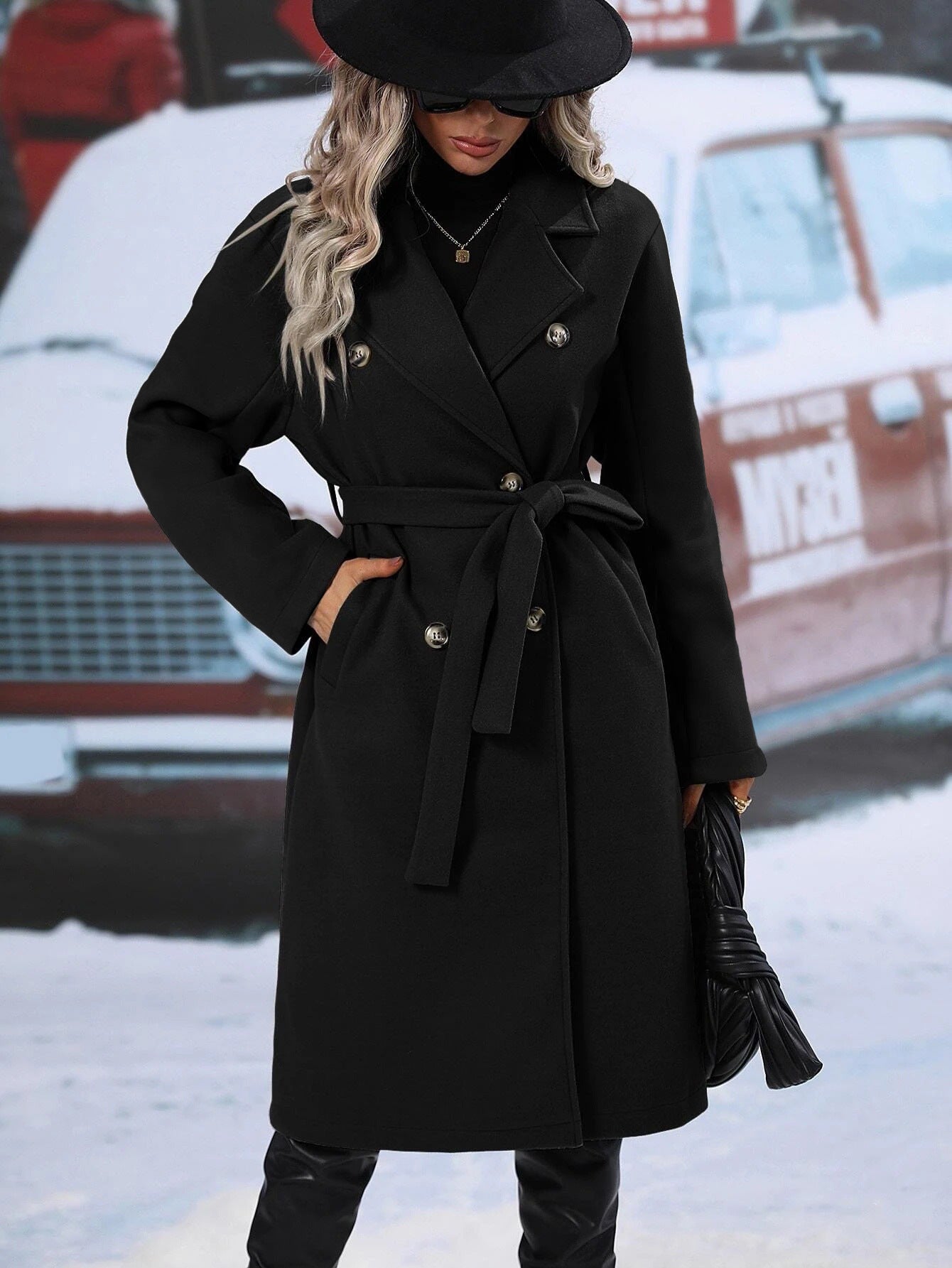Damen eleganter Wollmantel mit doppelter Knopfleiste und Taillengürtel Stalluxe