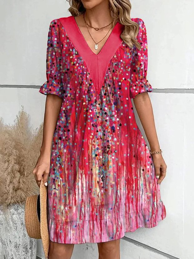 Damen Freizeitkleid mit tiefem V-Ausschnitt und modischen Puffärmeln Stalluxe