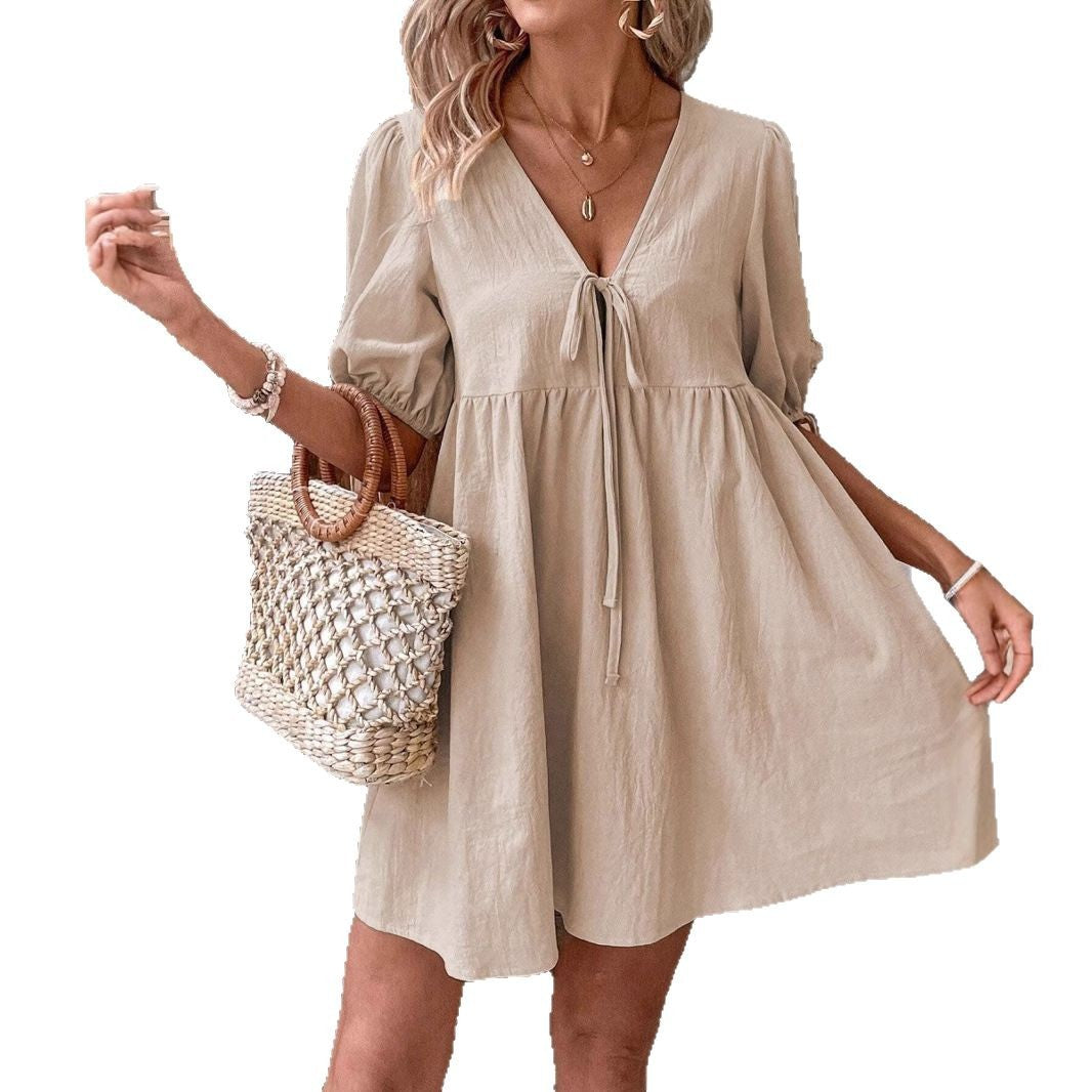 Damen luftiges Sommerkleid mit V-Ausschnitt und Raffungen Stalluxe