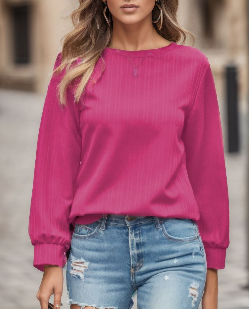 Damen modisches Oberteil mit elegantem Rippmuster und voluminösen Ärmeln Stalluxe
