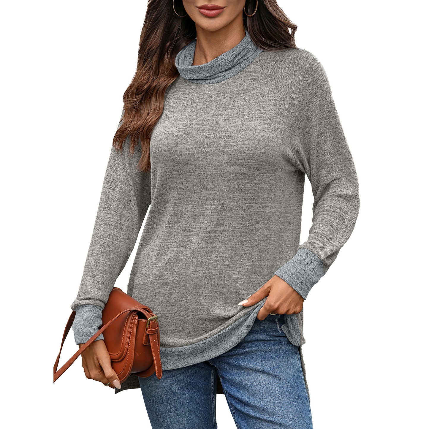 Damen lässiger Pullover mit stehendem Kragen und seitlichen Schlitzen Stalluxe