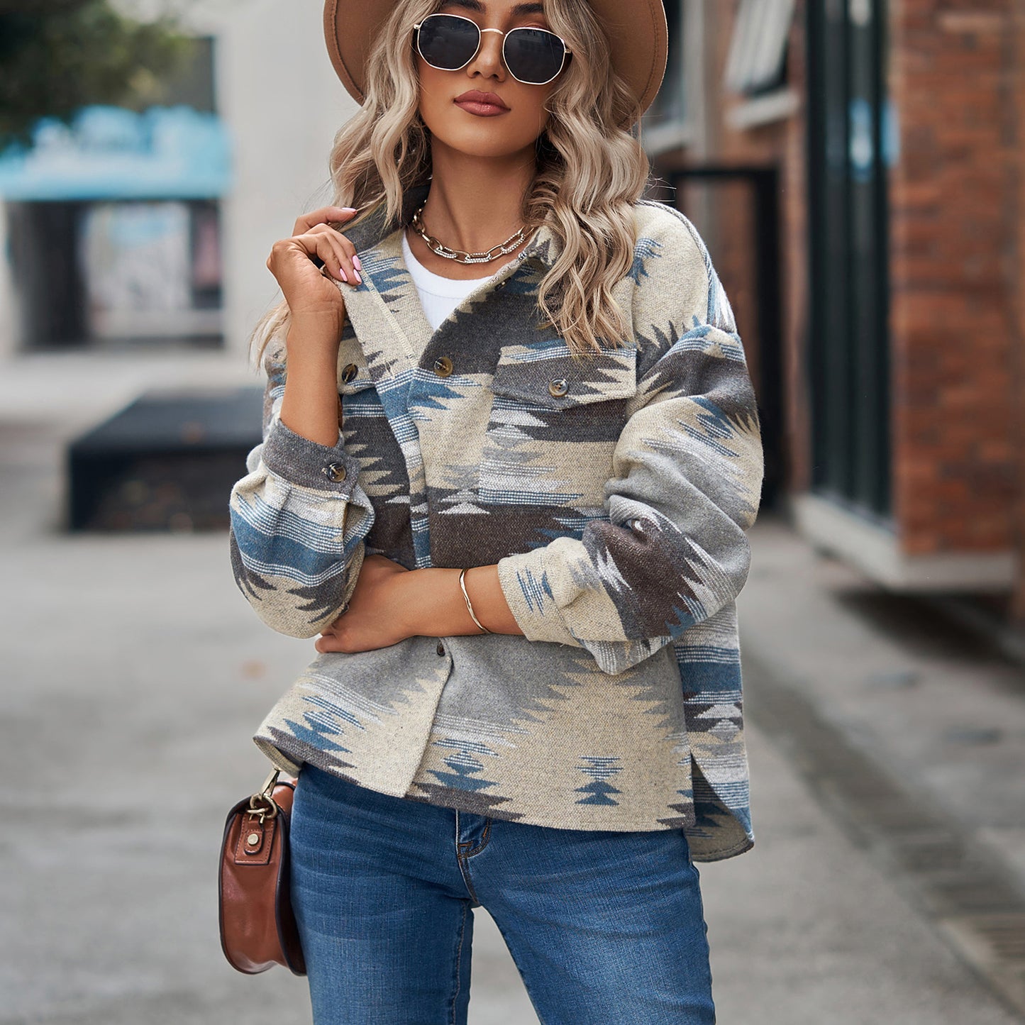 Damen Overshirt aus hochwertigem Wollmix mit modischem Muster und praktischen Taschen Stalluxe