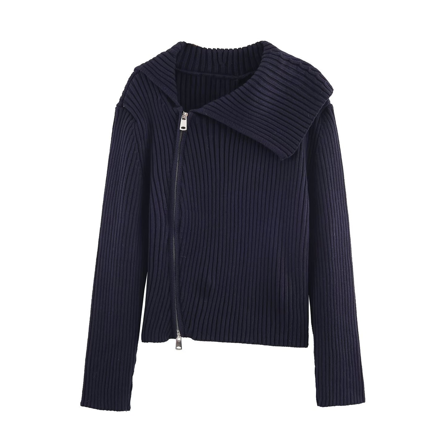 Damen modische Strickjacke mit breitem Kragen und asymmetrischem Reißverschluss Stalluxe