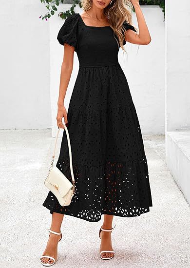 Damen Maxikleid mit dekorativem Lochmuster und Puffärmeln Stalluxe