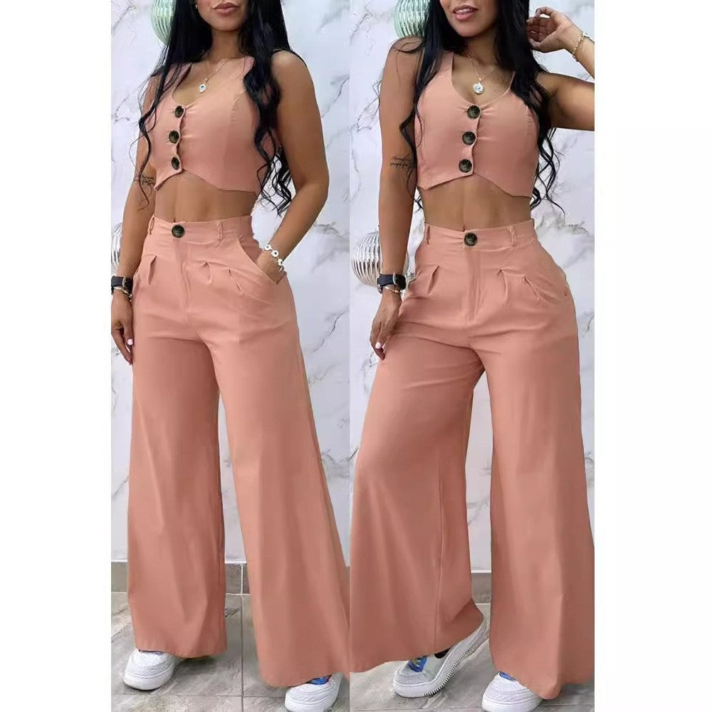 Damen Zweiteiliges Set mit weitem Bein und Knopfdetails Stalluxe