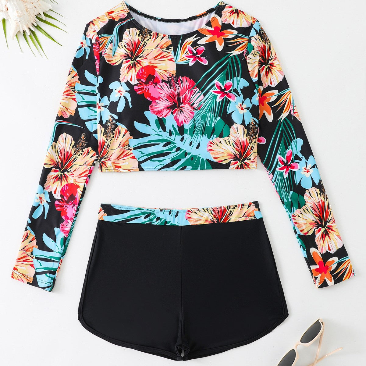 Damen Langarm-Bikinioberteil mit sportlichem Schnitt und floralem Design Stalluxe