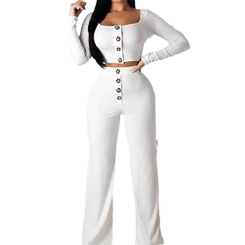 Damen modisches Strick-Set mit Knopfdetail und langem Ärmel Stalluxe