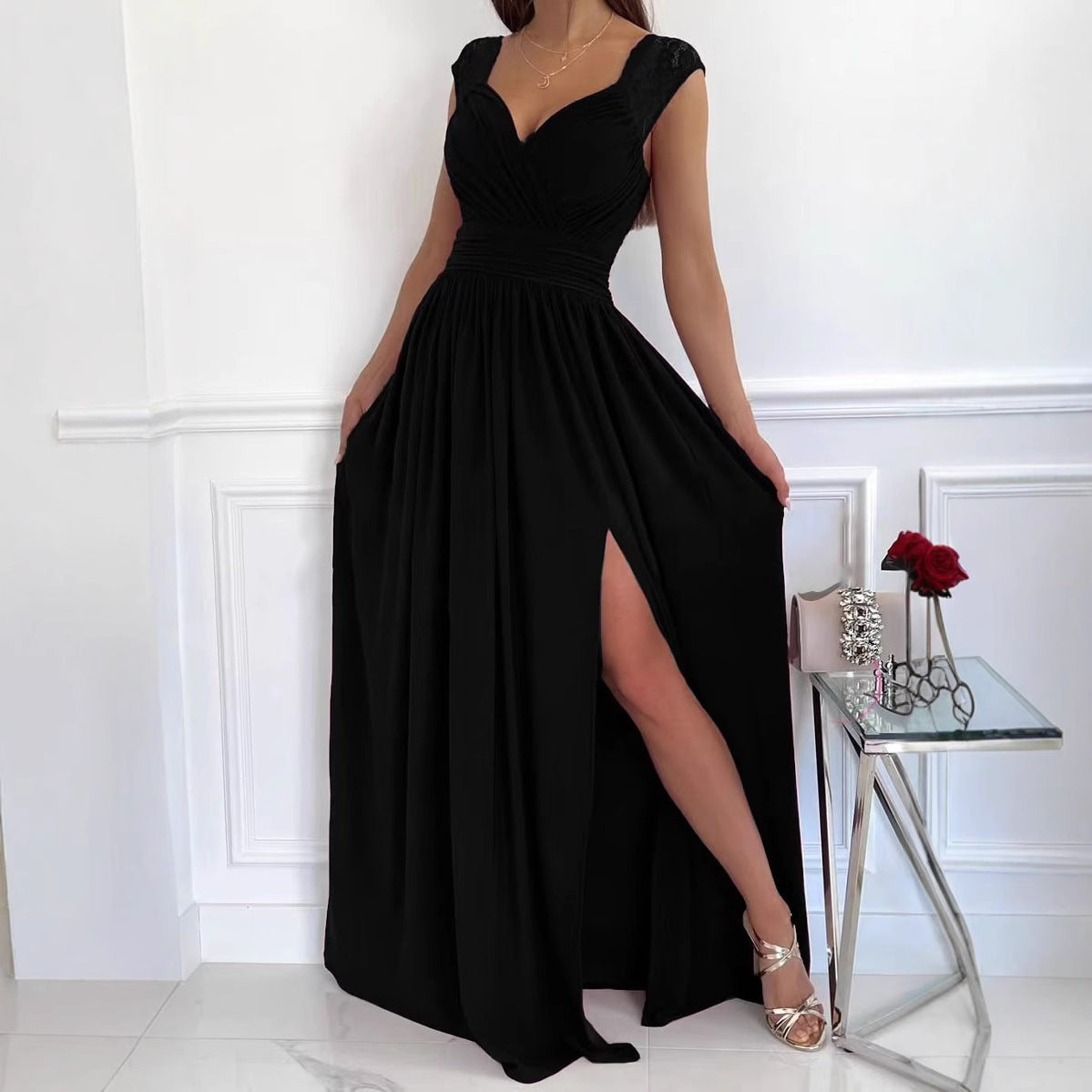 Damen elegantes Maxikleid mit Spitzenärmeln und seitlichem Schlitz Stalluxe