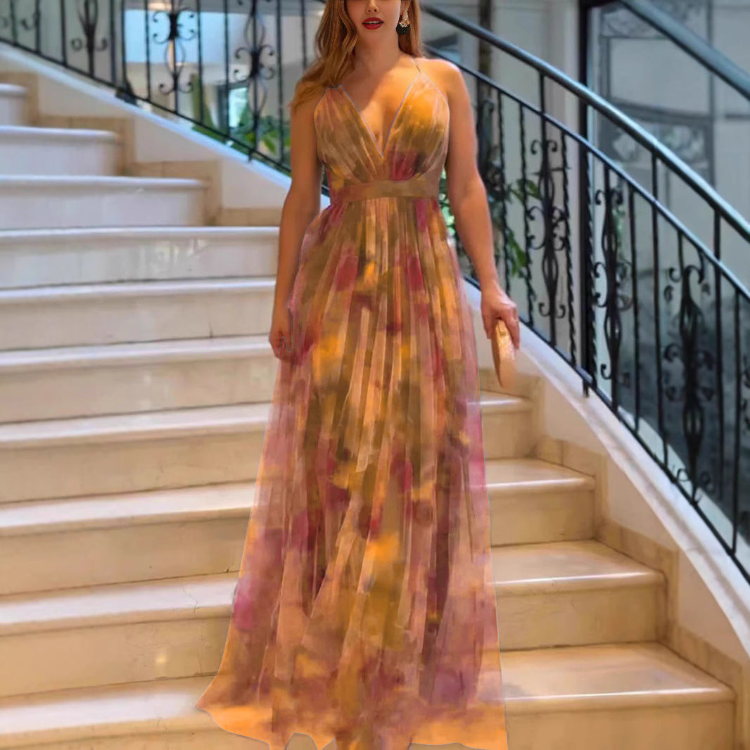 Damen Elegantes Maxikleid mit tiefem V-Ausschnitt und luftigen Stoffschichten Stalluxe