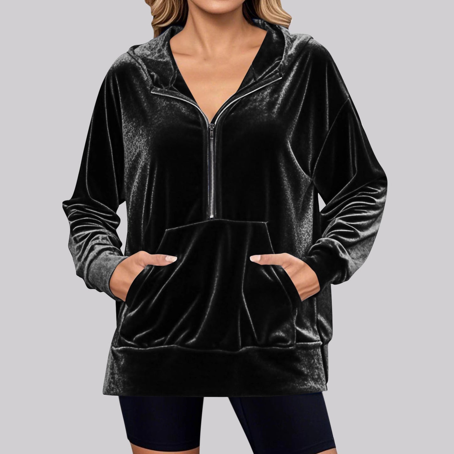 Damen Hochwertiger Kapuzenpullover aus Samt mit Reißverschluss Stalluxe
