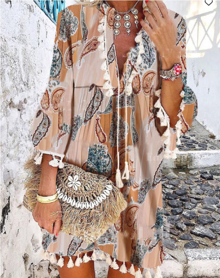 Damen Strandkleid mit hohem Kragen und romantischem Blumenmuster Stalluxe