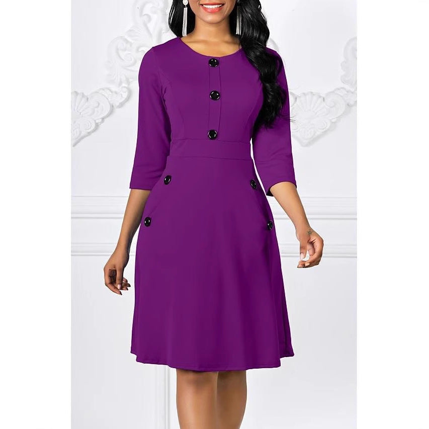 Women's Classic Three-Quarter Sleeve Button-Detail Dress Stalluxe