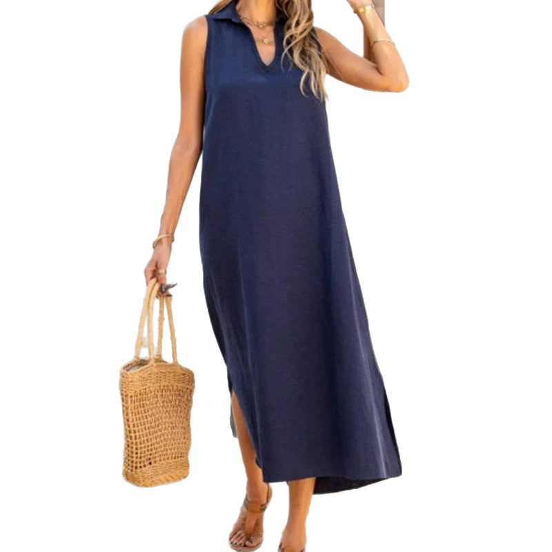 Damen lässiges Maxikleid mit seitlichen Schlitzen und Kragen Stalluxe
