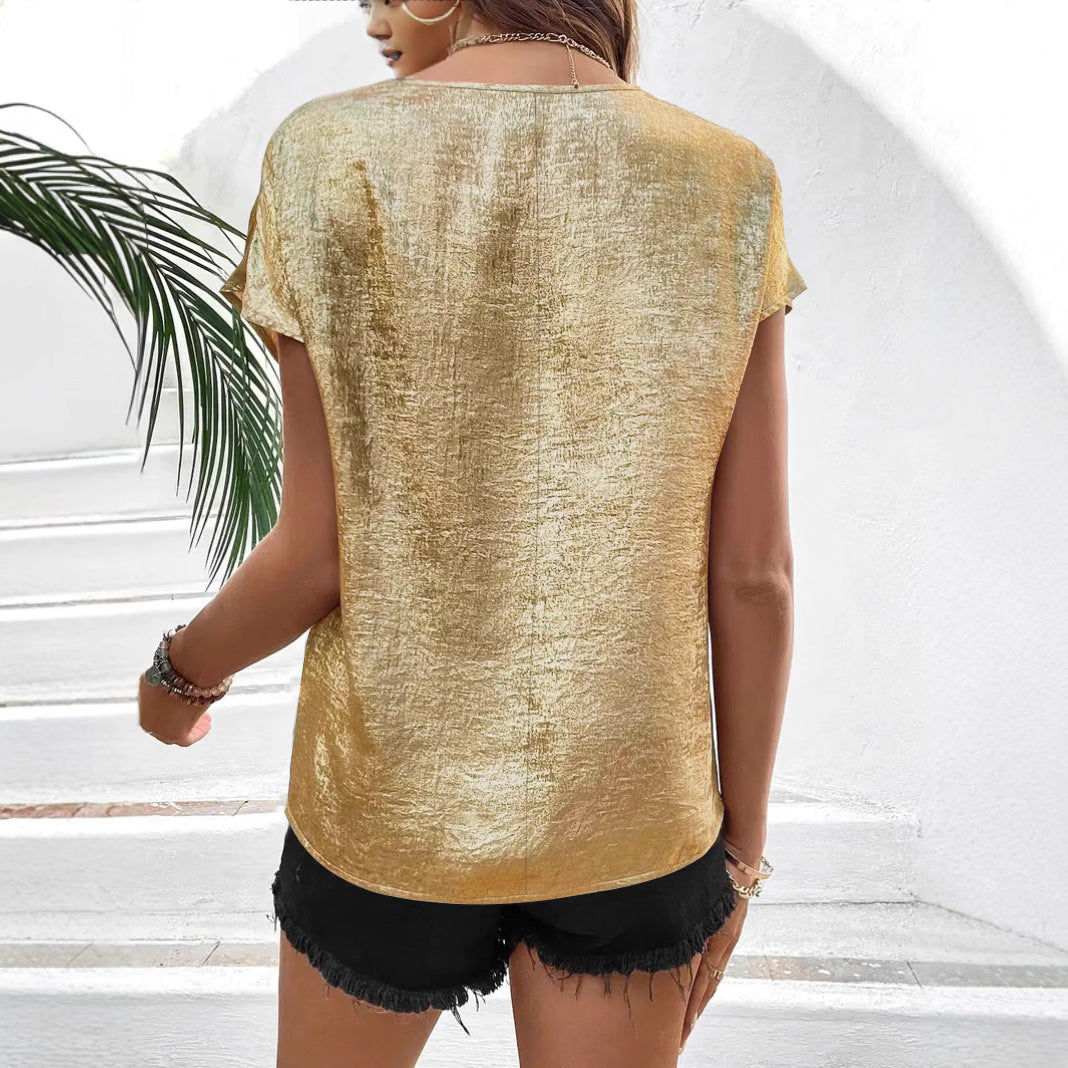 Damen Glänzendes V-Ausschnitt Kurzarm-Top Stalluxe