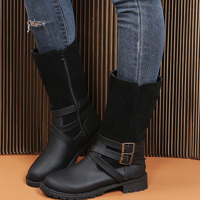 Damen elegante Stiefel mit modischem Kreuz-Riemen-Design und robustem Profil Stalluxe