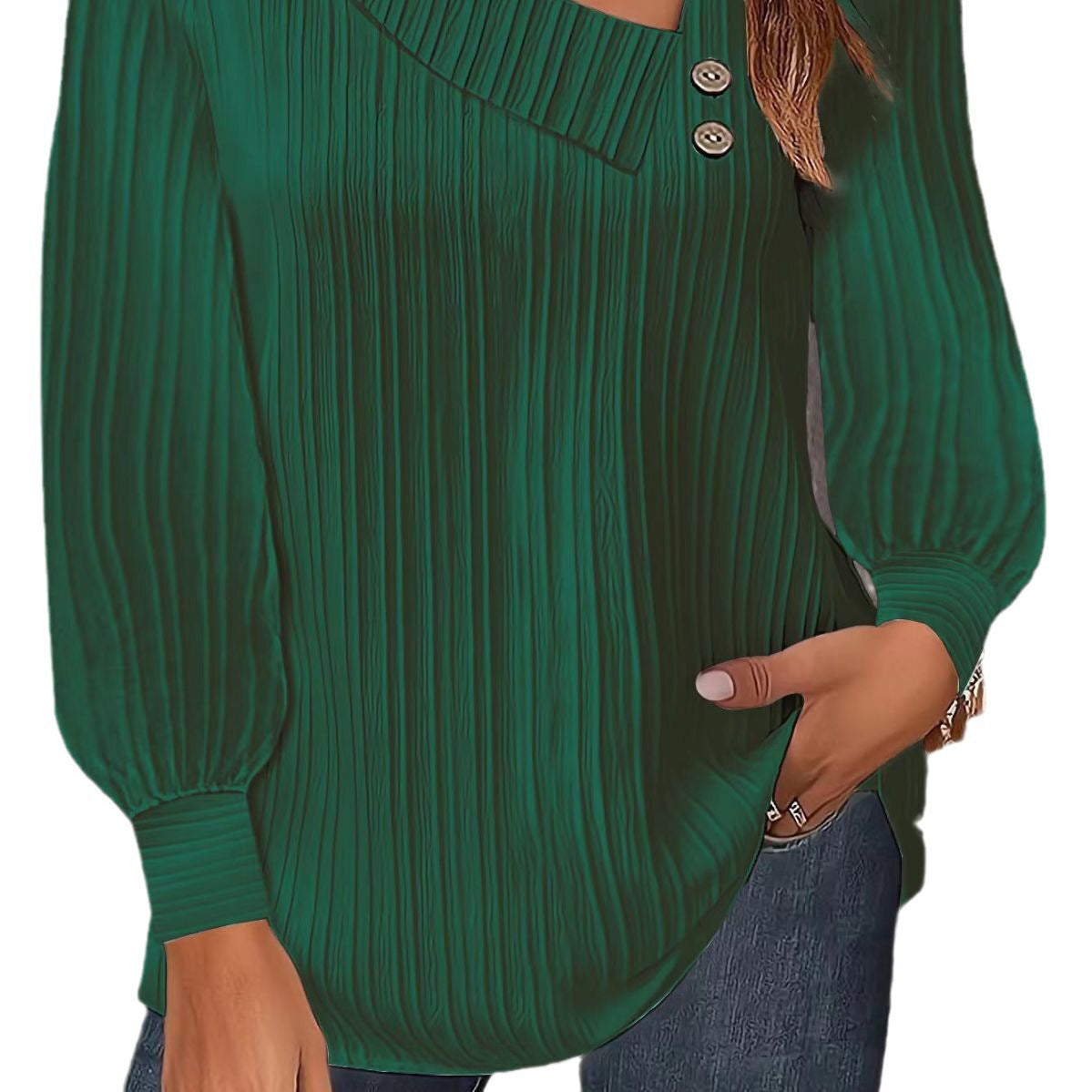 Damen Modisches Langarmshirt mit plissierter Textur und dekorativen Knöpfen Stalluxe