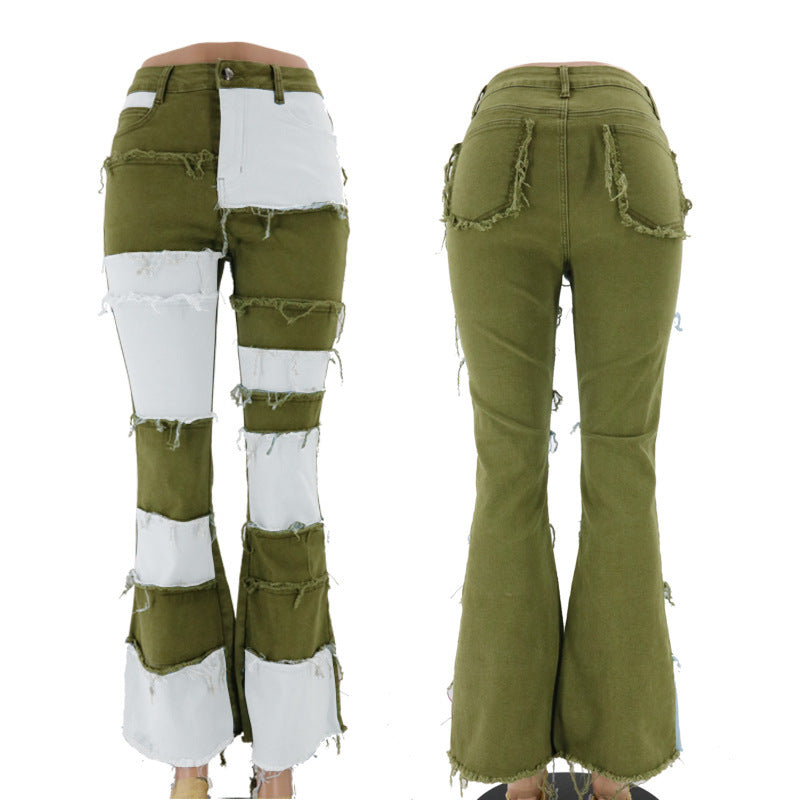 Damen Bootcut-Jeans mit modernem Patchwork-Design und lässigen Fransen Stalluxe