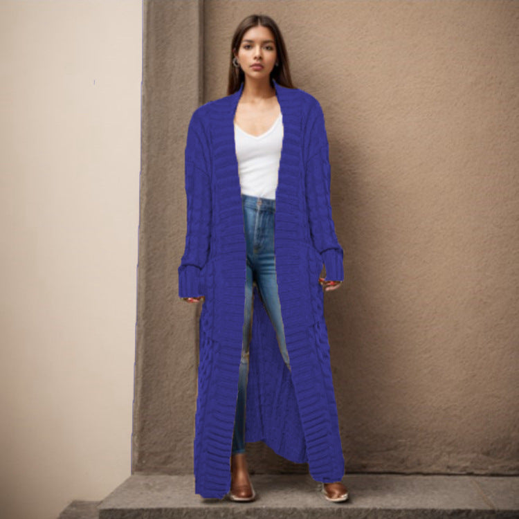 Damen Langer Strickcardigan mit raffiniertem Zopfdesign und praktischen Taschen Stalluxe