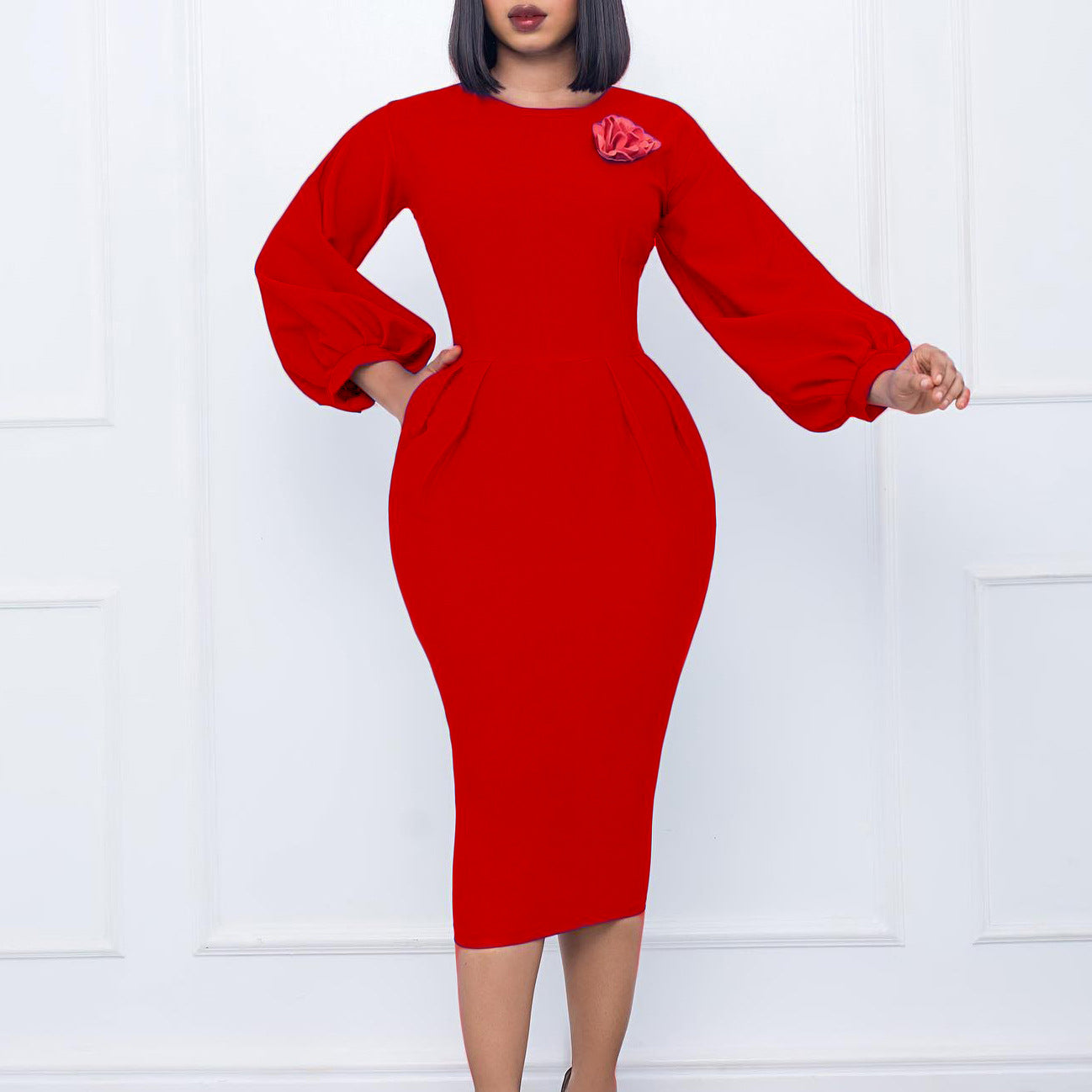 Damen elegantes Kleid mit fließenden Ärmeln und eingearbeitetem Taillenband Stalluxe