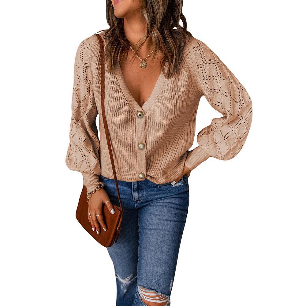 Damen Strickjacke mit V-Ausschnitt und modischen Puffärmeln Stalluxe