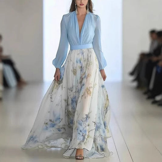 Damen Elegantes Maxikleid mit floralem Print und tiefem V-Ausschnitt Stalluxe