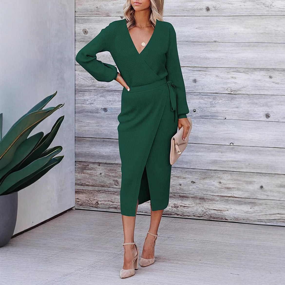 Damen elegantes Wickelkleid mit langem Arm und schickem V-Ausschnitt Stalluxe