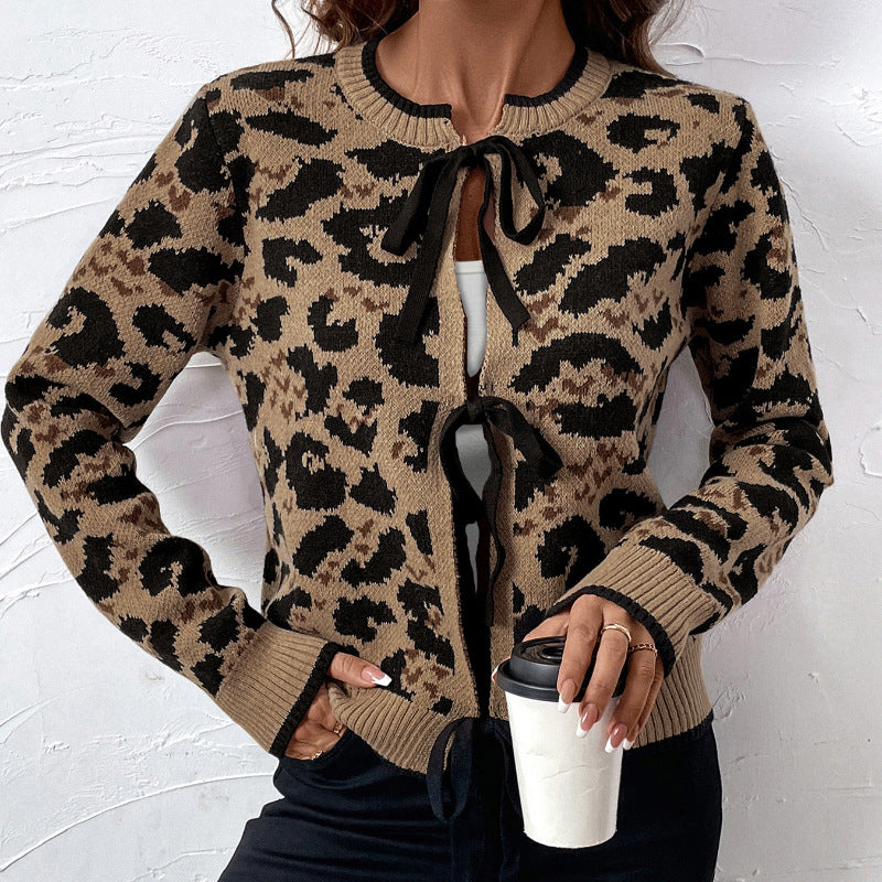 Damen Leo-Muster Strickjacke mit Bändern Stalluxe