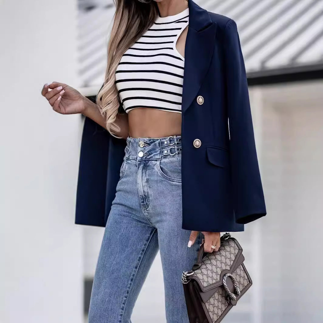 Damen elegante leichte Blazerjacke mit weiten Ärmeln und doppelter Knopfleiste Stalluxe