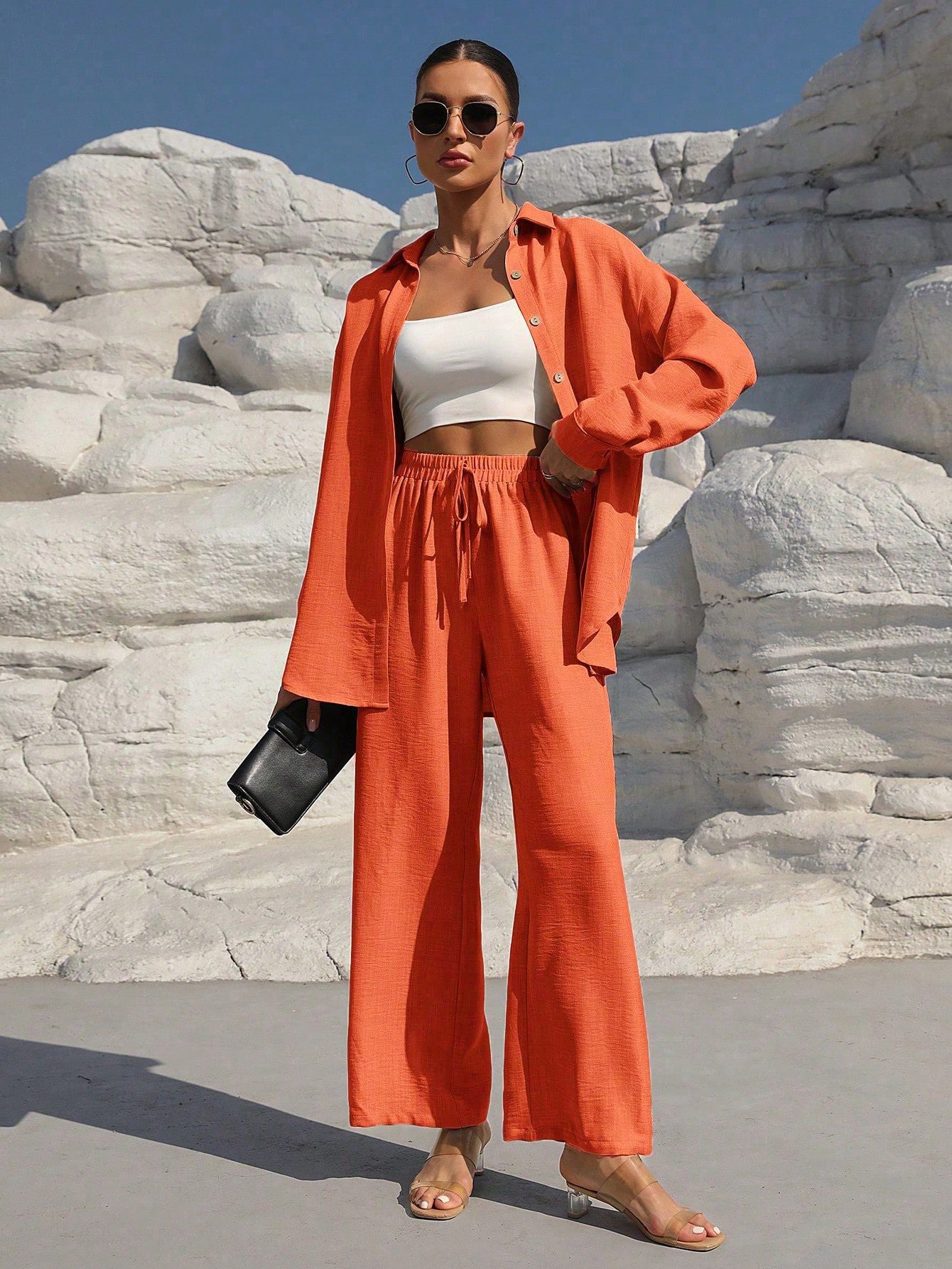 Damen elegantes und lässiges Leinen-Loungewear-Set mit lockerer Passform Stalluxe