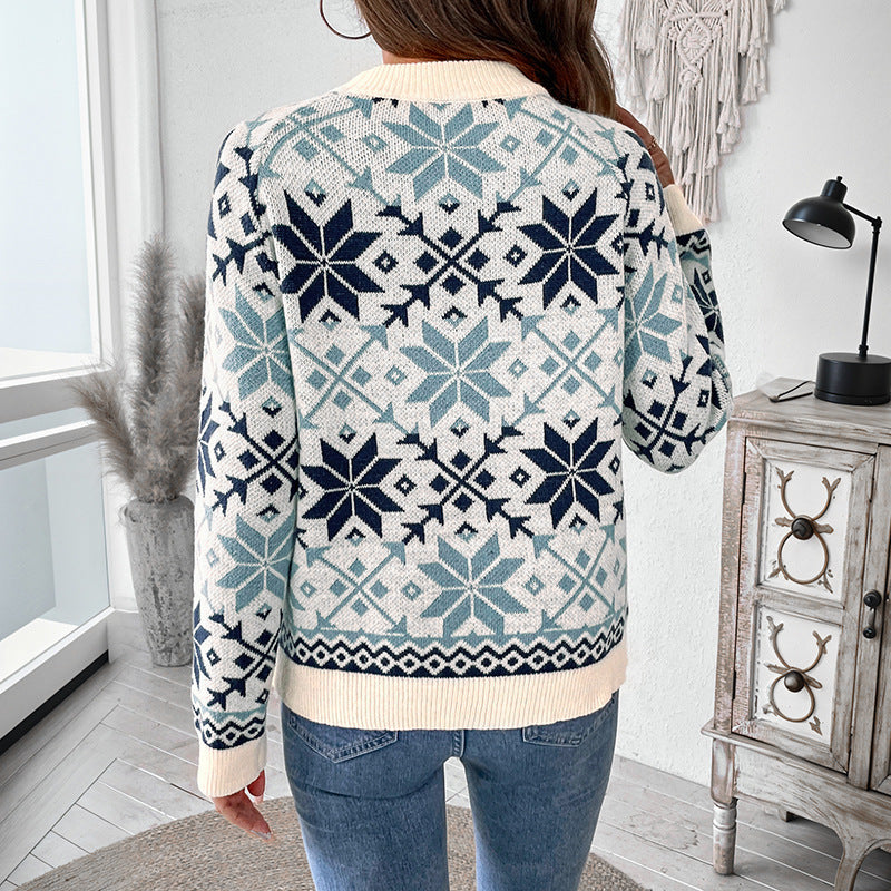 Damen gestrickter Pullover mit winterlichem Schneeflockenmuster Stalluxe