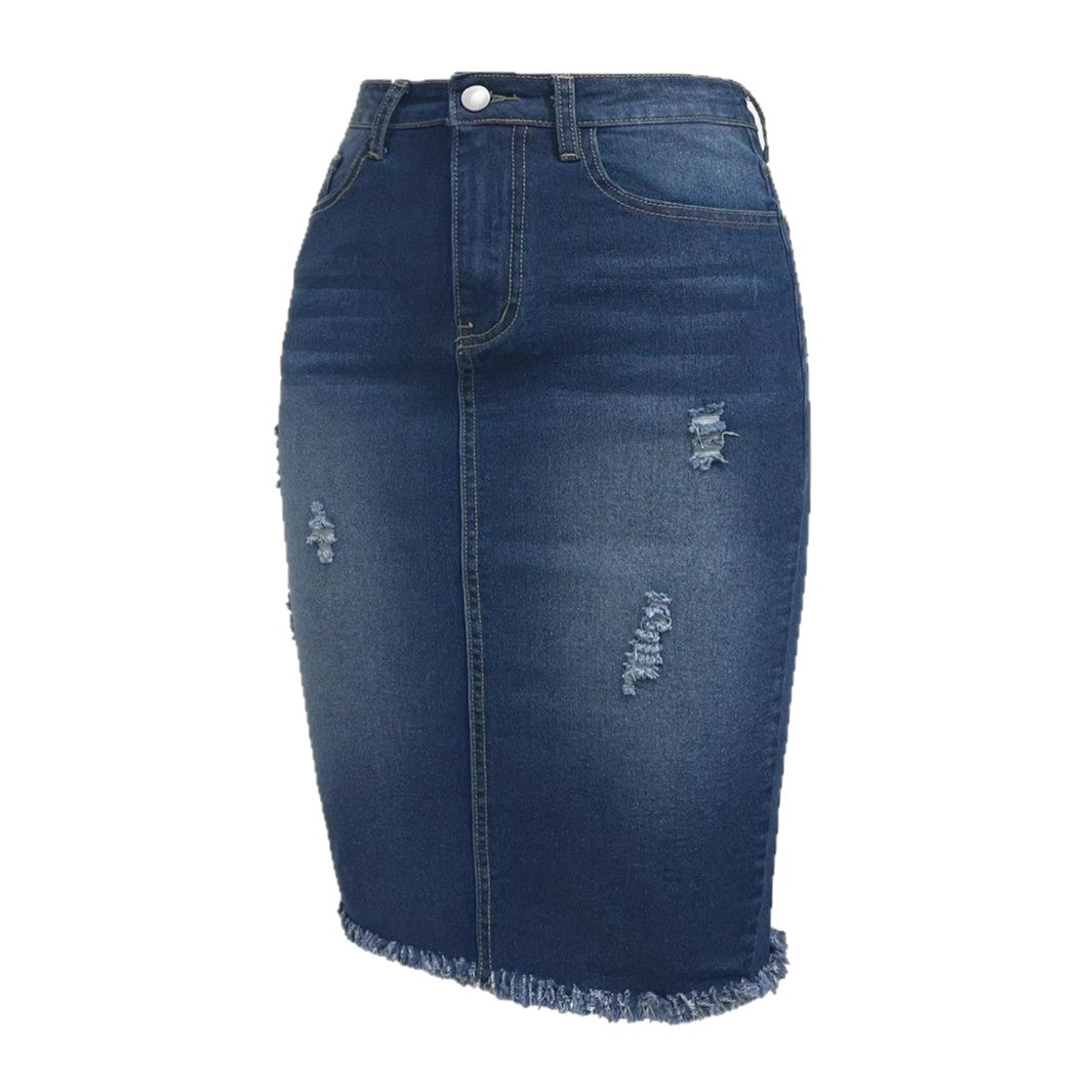 Damen Denim-Midirock mit stylischem Fransenabschluss und figurbetontem Schnitt Stalluxe