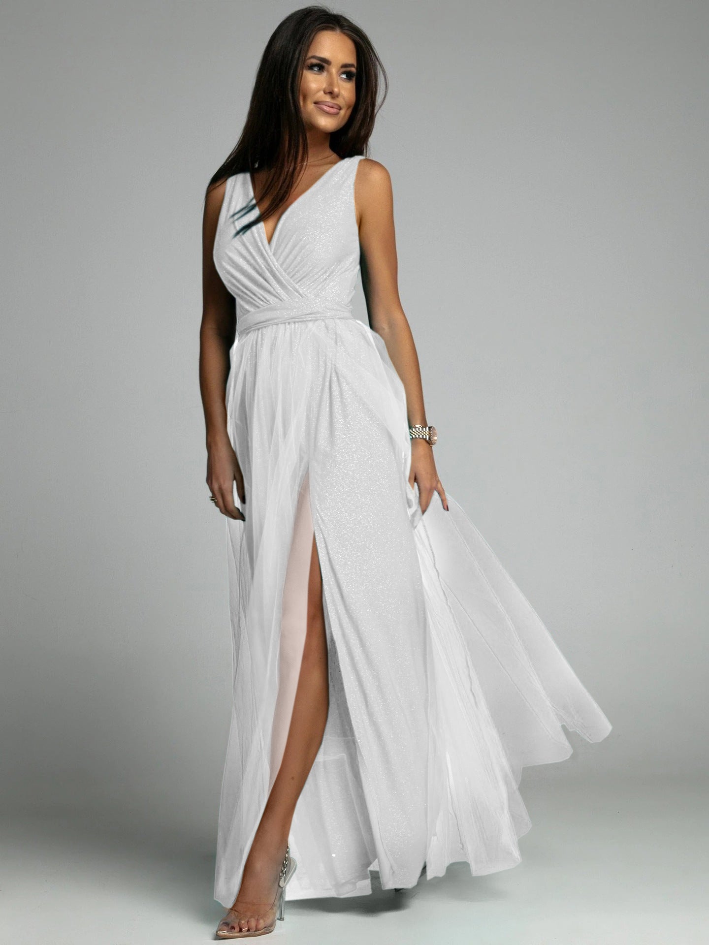 Damen Maxikleid mit V-Ausschnitt und elegantem Faltenwurf Stalluxe