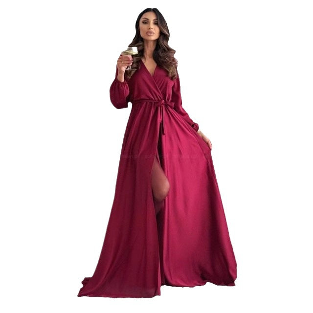 Damen elegantes Maxikleid mit Wickeloptik und hohem Schlitz Stalluxe