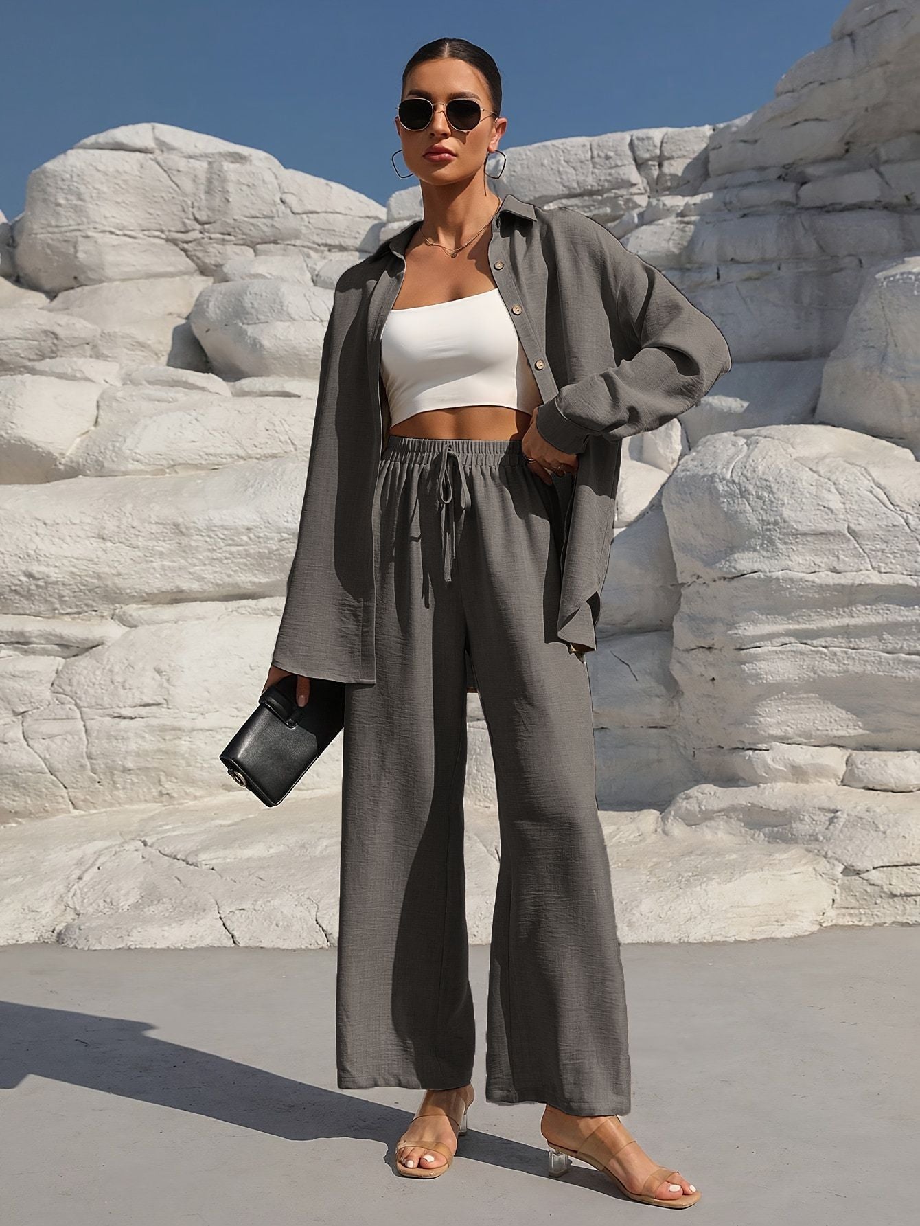 Damen elegantes und lässiges Leinen-Loungewear-Set mit lockerer Passform Stalluxe