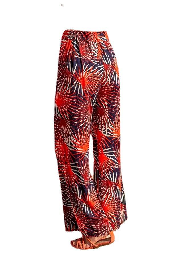Damen Weit geschnittene Palazzohose mit tropischem Print und elastischem Bund Stalluxe