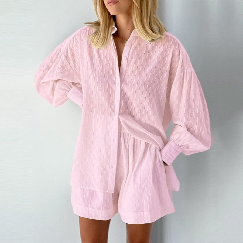 Damen lässiges Oversized Hemd mit Struktur und kurzen Hosen Stalluxe