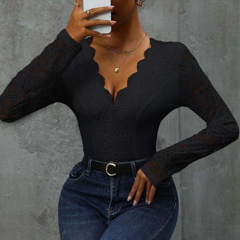 Damen Spitze Bodysuit mit V-Ausschnitt und langen Ärmeln Stalluxe